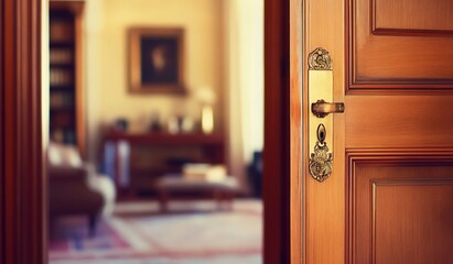 Obraz premium Open wooden door revealing a blurred luxurious living room interior.