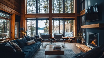 Modern cabin living room with large windows showcasing a lake view, fireplace, and comfortable furniture.