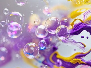Purple and yellow soap bubbles in paint create an abstract design suitable for a colorful background.