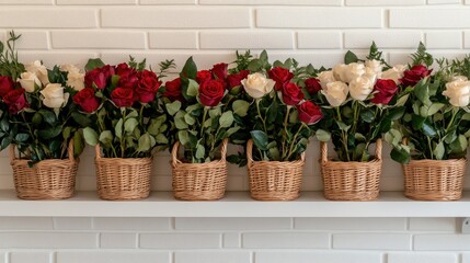 Beautiful red roses are arranged in a wicker basket, set against a clean white brick wall, perfect for decorations or messages