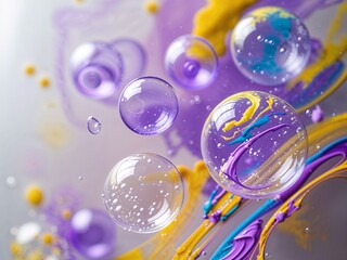 Purple and yellow soap bubbles in paint create an abstract design suitable for a colorful background.