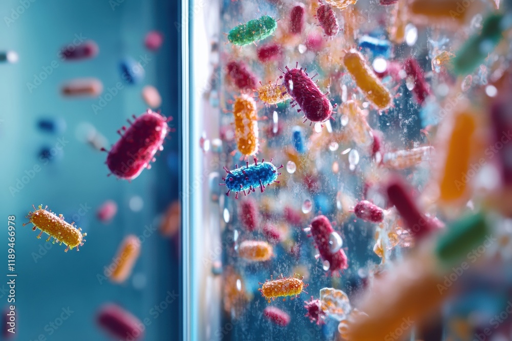 Poster detailed observation of microbes on common surfaces such as door handles and smartphones. generative
