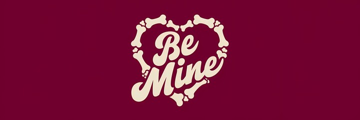 A retro dark theme minimalist Valentine's Day poster design with a creative illustration of a heart made of bones. The text "Be Mine" is written in a cursive script.The background is a deep red colour