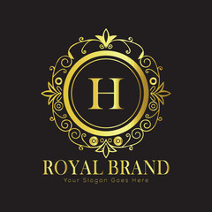 Letter Luxury brand logo design with a royal gold crown emblem and elegant typography
