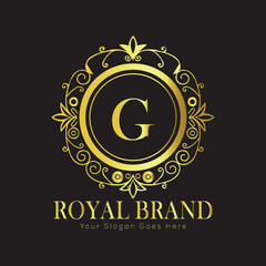 Letter Luxury brand logo design with a royal gold crown emblem and elegant typography
