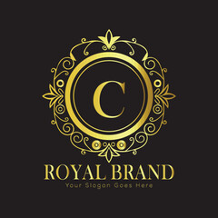 Letter Luxury brand logo design with a royal gold crown emblem and elegant typography

