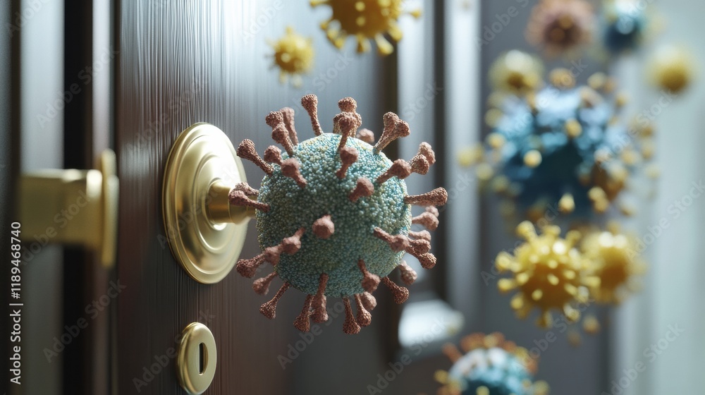 Poster Close up view of microbes on everyday surfaces highlighting contamination risks in public spaces. Generative AI
