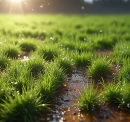Brown water droplets falling onto a green grassy field, organic shapes, rainy landscape, puddles on green