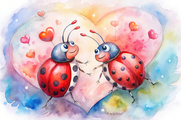Naklejka premium Ladybug Love Watercolor Painting - Two cute ladybugs, hearts, love, affection, romance.