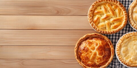 Rustic Savory Pies with Herbs on a Wooden Table for British Pie Week 30