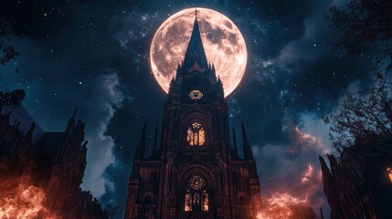 Gothic church tower at night under a large pink moon.