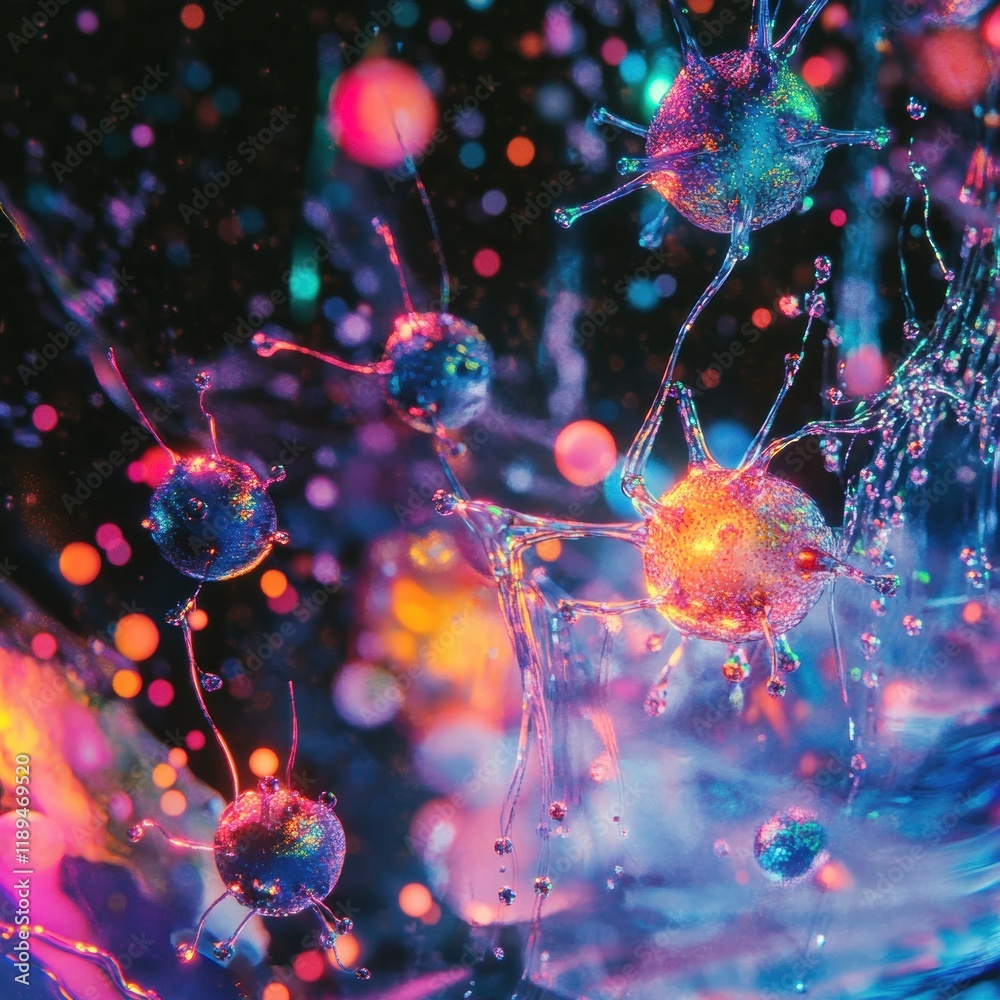 Leinwandbilder viruses interact with cells in a colorful microscopic environment showcasing their complex connectio