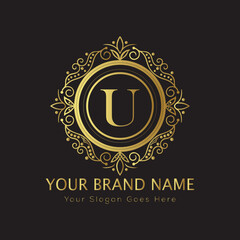 Letter Luxury brand logo design with a royal gold crown emblem and elegant typography
