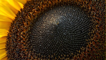 Close up view of a spiral sunflower with dew covered black and white seeds illuminated by golden hour light