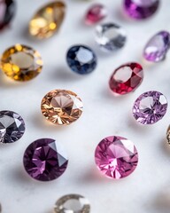 Fototapeta premium Colorful gemstones scattered on a white surface.