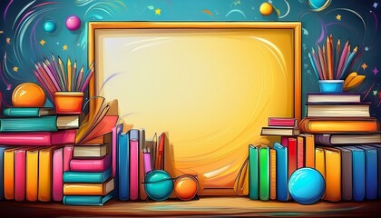 School banner. Bright illustration with school supplies and place for text