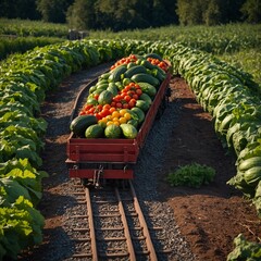 A vegetable train with carriages made of cucumbers, tomatoes, and eggplants.