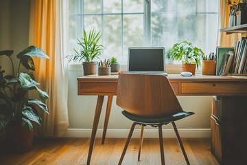 Cozy home office workspace with laptop, plants, and wooden desk near window.