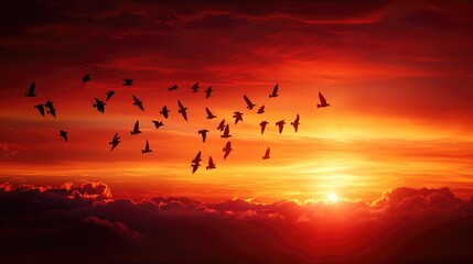Obraz premium Flock of Birds Flying Across Dramatic Sunset in Cloudy Sky