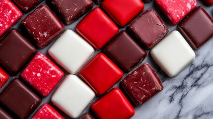 A close up of a pile of chocolates on a marble surface