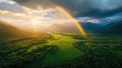 Obraz premium Vibrant Rainbow Over Lush Valley with Sunlight and Cloudy Sky