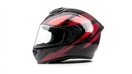 black and red motorcycle helmet with clear visor on white background