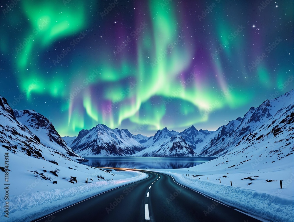 Poster stunning surreal landscape with a road leading towards a snowy mountain range against a backdrop of 