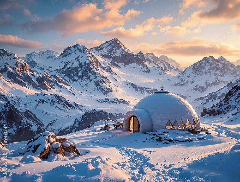 Aufkleber snow-covered dome-shaped structure set in a mountainous landscape with snow and mountains in the bac