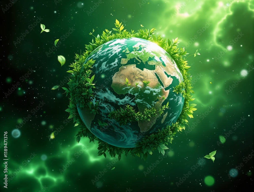 Poster stylized globe with lush greenery and leaves surrounding it, symbolizing the earth's natural beauty 