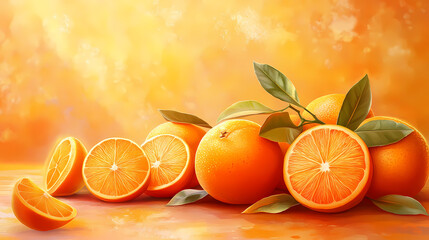 National sunkist citrus day theme, fresh citrus arrangement with oranges and leaves, warm background. Sunmist. Illustration