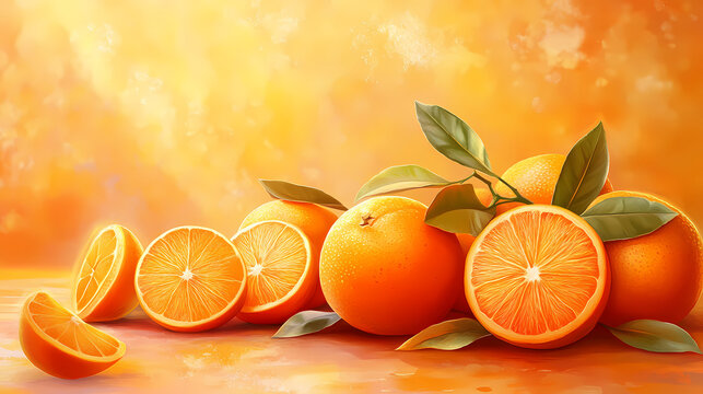 National sunkist citrus day theme, fresh citrus arrangement with oranges and leaves, warm background. Sunmist. Illustration