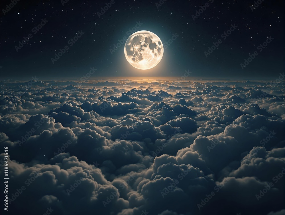 Poster night sky filled with stars, with the moon prominently visible in the center. the clouds in the fore