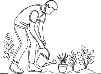 Vector Art of a Man Planting in the Garden - Simple Line Drawing