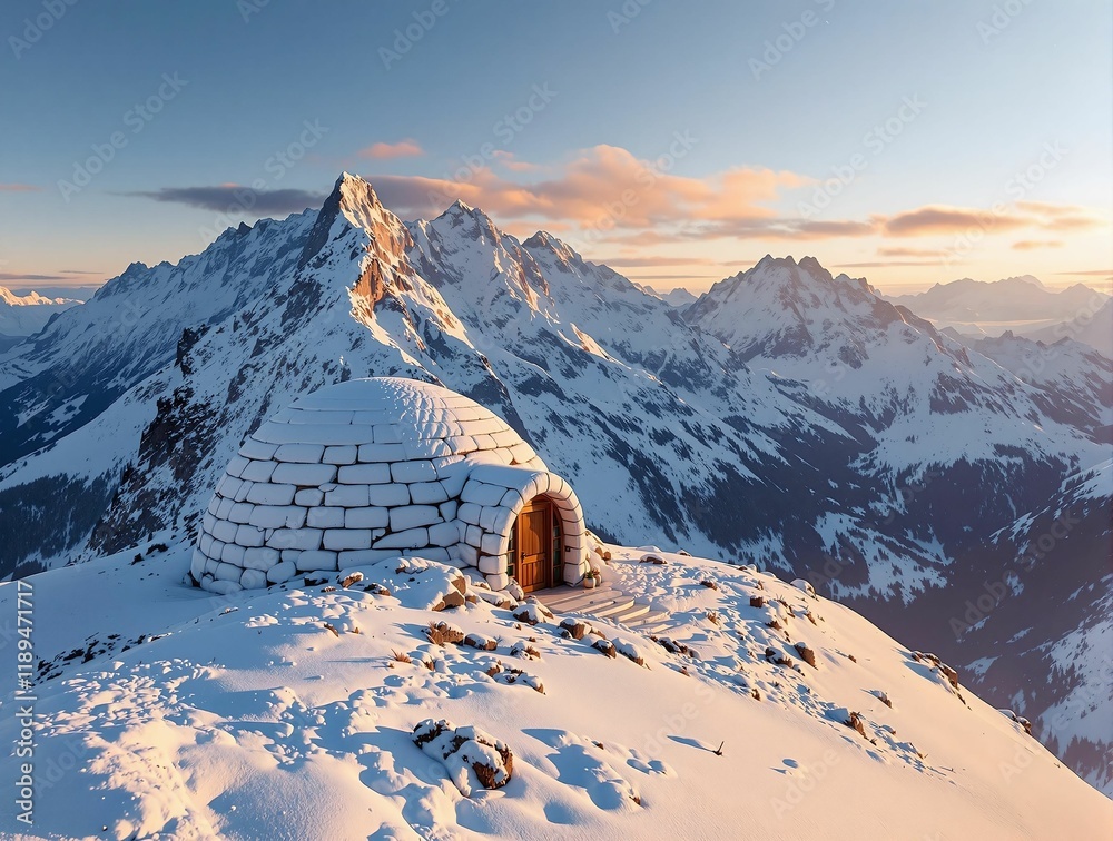 Poster person sitting on a snow-covered mountain, with a snow-covered structure nearby. the background feat
