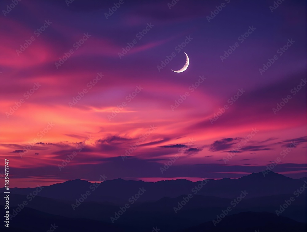 Poster artistic representation of a mountainous landscape with a dramatic sky in shades of purple and pink.