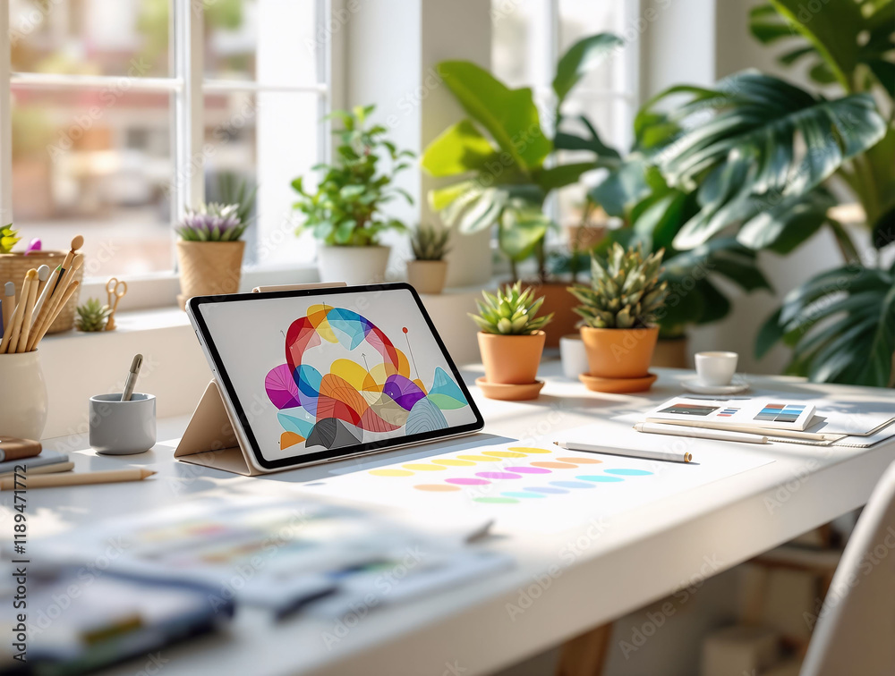 Poster workspace with a tablet on a stand displaying a colorful graphic, surrounded by various plants and a