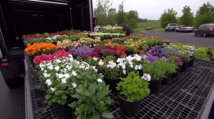 Open truck displays organized flower and plant arrangements on metal shelves, showcasing vibrant greenery in a delivery setting