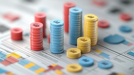 Colorful coin stacks forming bar graph on financial report.