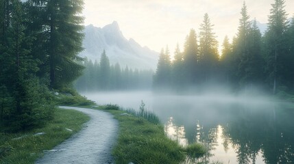 Misty sunrise over serene lake, path winding through lush forest and majestic mountains.