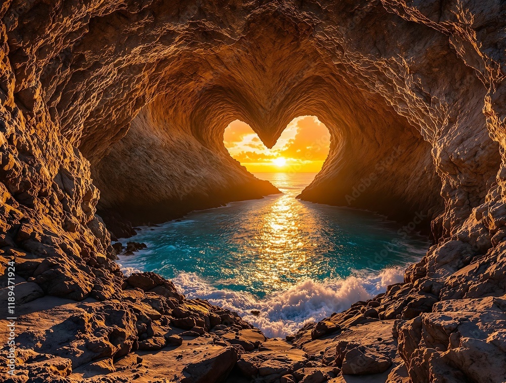 Poster heart-shaped cave with a stunning sunset visible through it, casting a warm glow over the surroundin