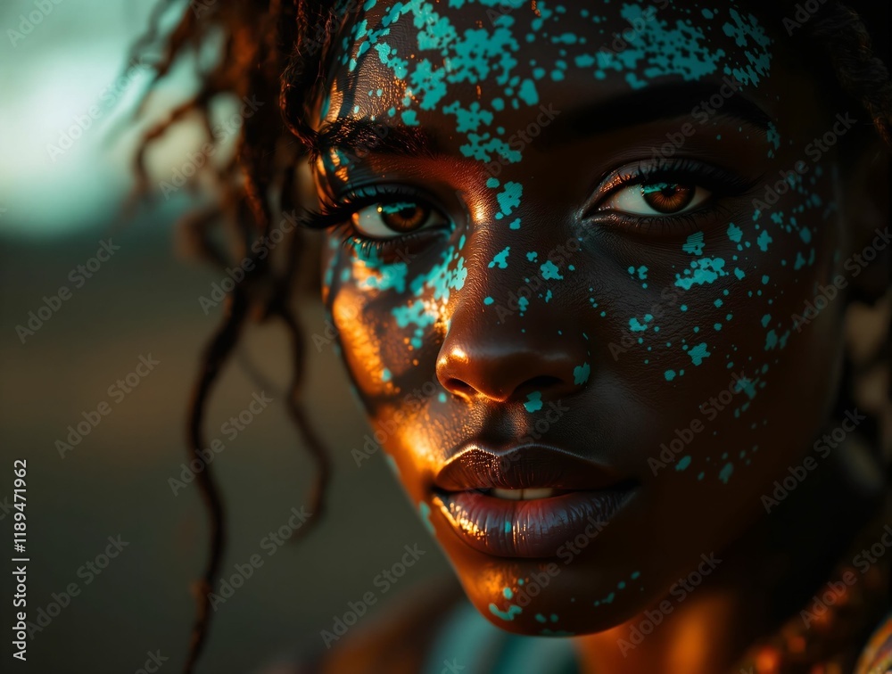 Poster a person with light blue sparkles on their face and hair is shown in a close-up, with a strong light
