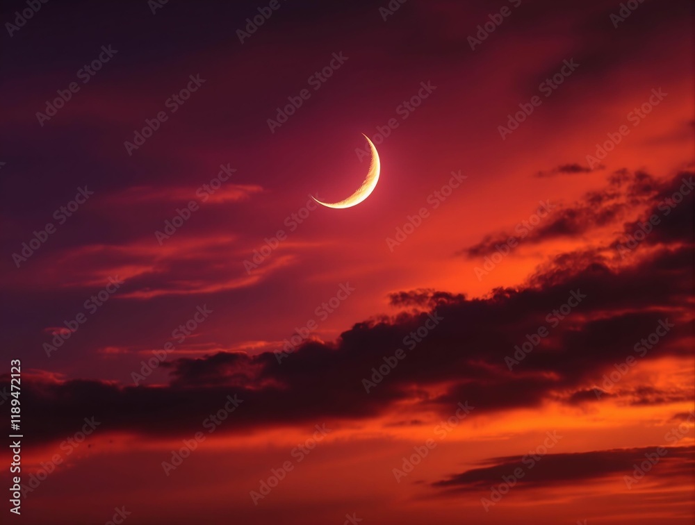 Poster crescent moon in a dark, fiery red and orange sunset sky, with clouds that are slightly illuminated.