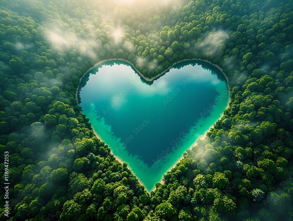 Poster an aerial view of a heart-shaped pond surrounded by lush green forests, creating a serene and natura