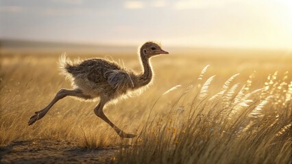 Baby ostrich running with a playful mood against a golden sunset background