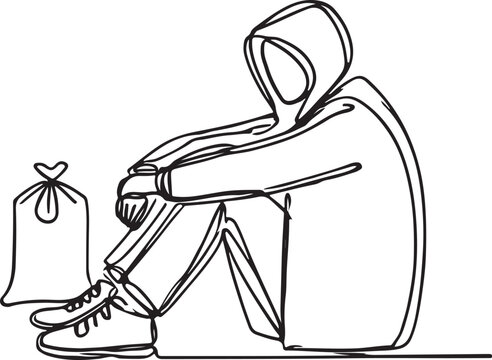 Homelessness in Focus. Line Drawing Vector Art of a Homeless Person