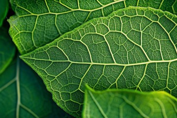 Close-up of vibrant green leaf veins, intricate detail, natural texture.