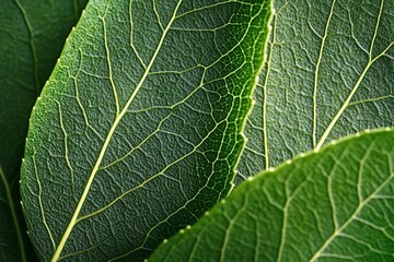 Close-up of vibrant green leaves, showcasing intricate vein patterns and textures.