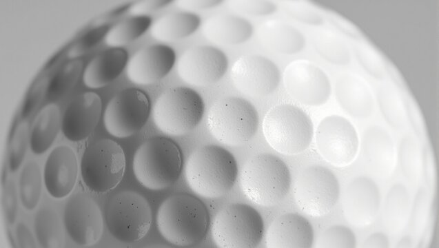 Detailed close up of a golf balls dimpled surface showcasing a tactile geometric pattern with soft shadows on a crisp white texture