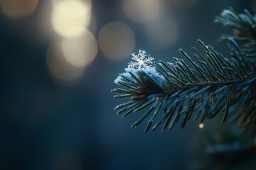 A single, delicate snowflake rests on a snow-covered pine branch