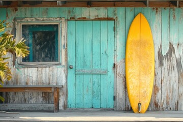 A surfboard leaning against a weathered beach shack.